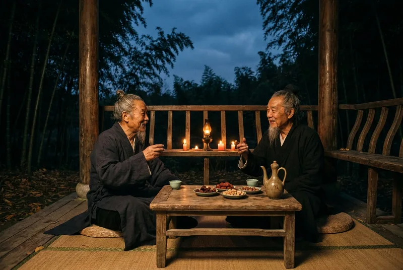 Ancient scholars conversing and drinking under the warm glow of an oil lamp at night