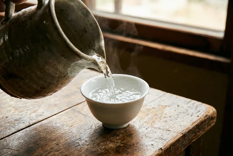 清澈的酒液倾注入白瓷小杯的特写