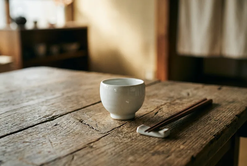 精致的小白瓷品鉴酒杯放置在木质桌面上