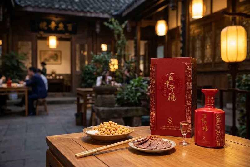 A table set with classic Chinese side dishes like peanuts, alongside a red bottle of Qifu baijiu